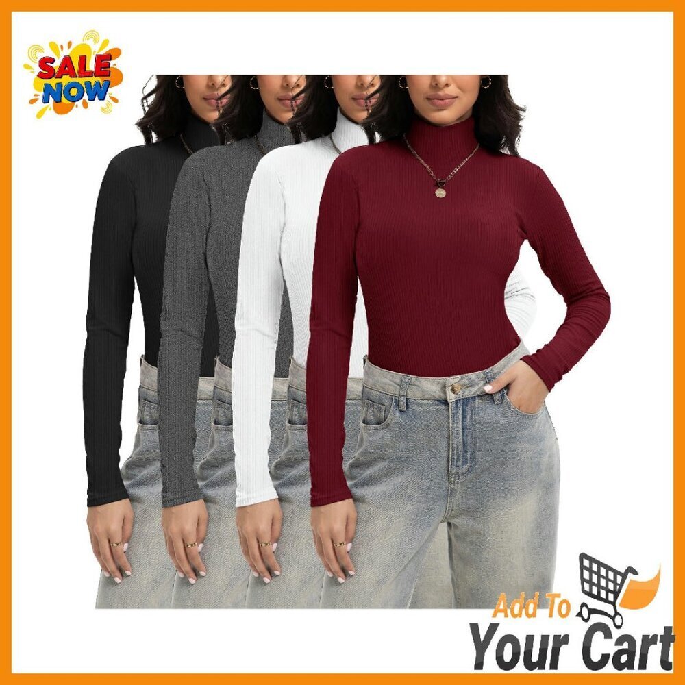 Women's Ribbed Turtleneck Long Sleeve Fitted Stretch Sweater Top